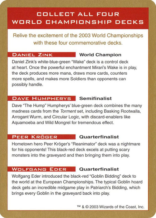 2003 World Championship Advertisement Card